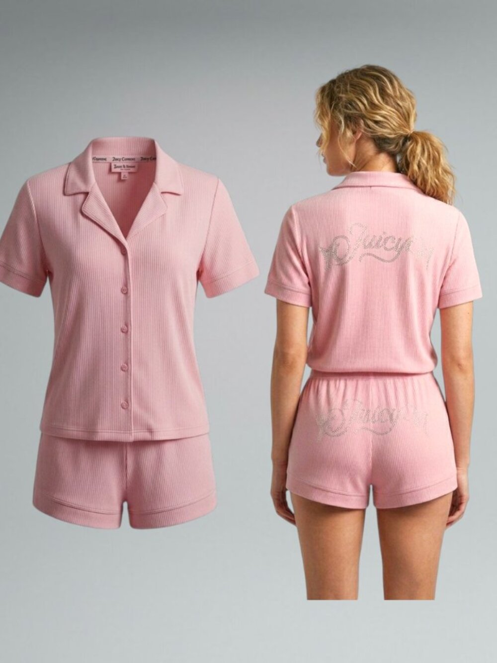Juicy Couture 2-Piece Ribbed Y2K Coquette Lola Pink Pajama Set - JC1069Z